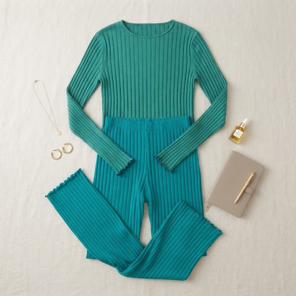 Simon Miller Rib Set Women M Teal Ombre Long Sleeve Tunic Pants Loungewear Set